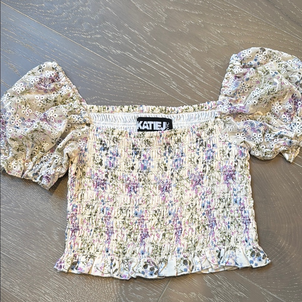 Katie J Floral Smocked Top - Cream and Purple